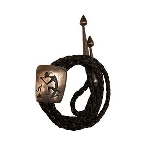 Southwestern Hopi Kokapelli Sterling Silver Bolo Braided Leather Tie Old Pawn